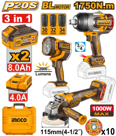 INGCO PACK MEULEUSE+BOULONNEUSE 1750NM+TORCHE+ 2BATTERIES/20V 8AH AU MAROC [COSLI250593]
