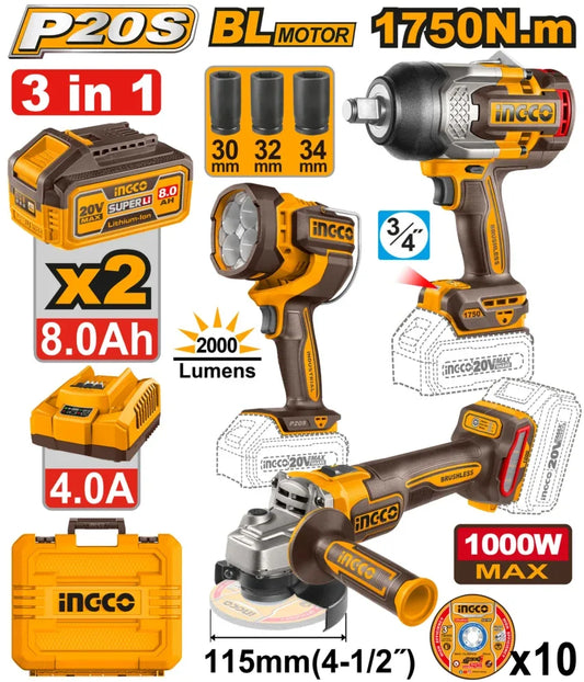 COSLI250593 - INGCO PACK MEULEUSE+BOULONNEUSE 1750NM+TORCHE+ 2BATTERIES/20V 8AH AU MAROC [COSLI250593] — meuleuse INGCO — Maroc —
