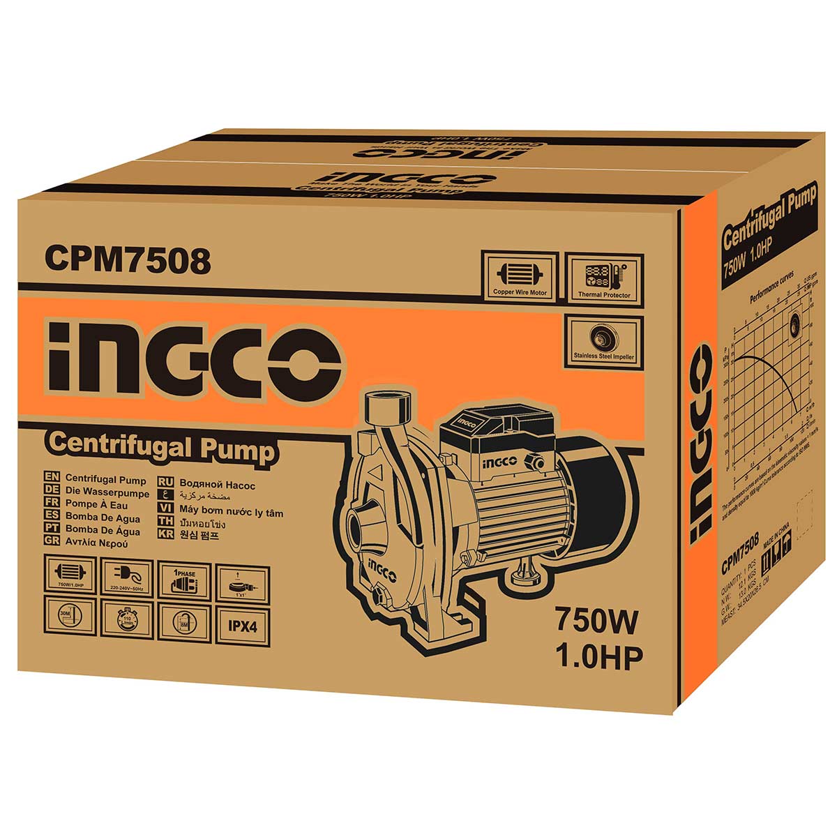 CPM7508 - INGCO POMPE CENTRIFUGE 1 HP EAU PROPRE CPM7508 H:30 AU MAROC [CPM7508] — pompe INGCO — Maroc — — vue 2