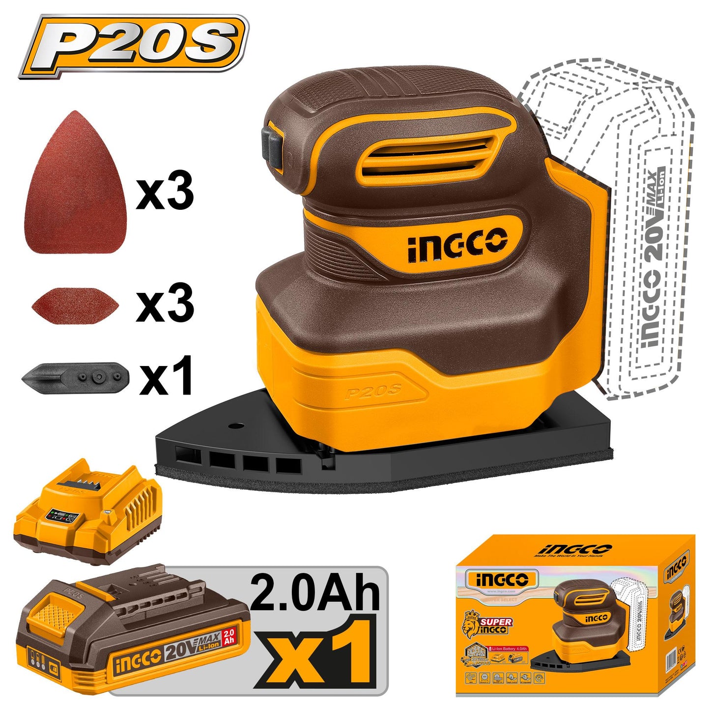CPSLI20141 - INGCO PONCEUSE À PALMIER SANS FIL 20V AU MAROC [CPSLI20141] — ponceuse INGCO — Maroc —