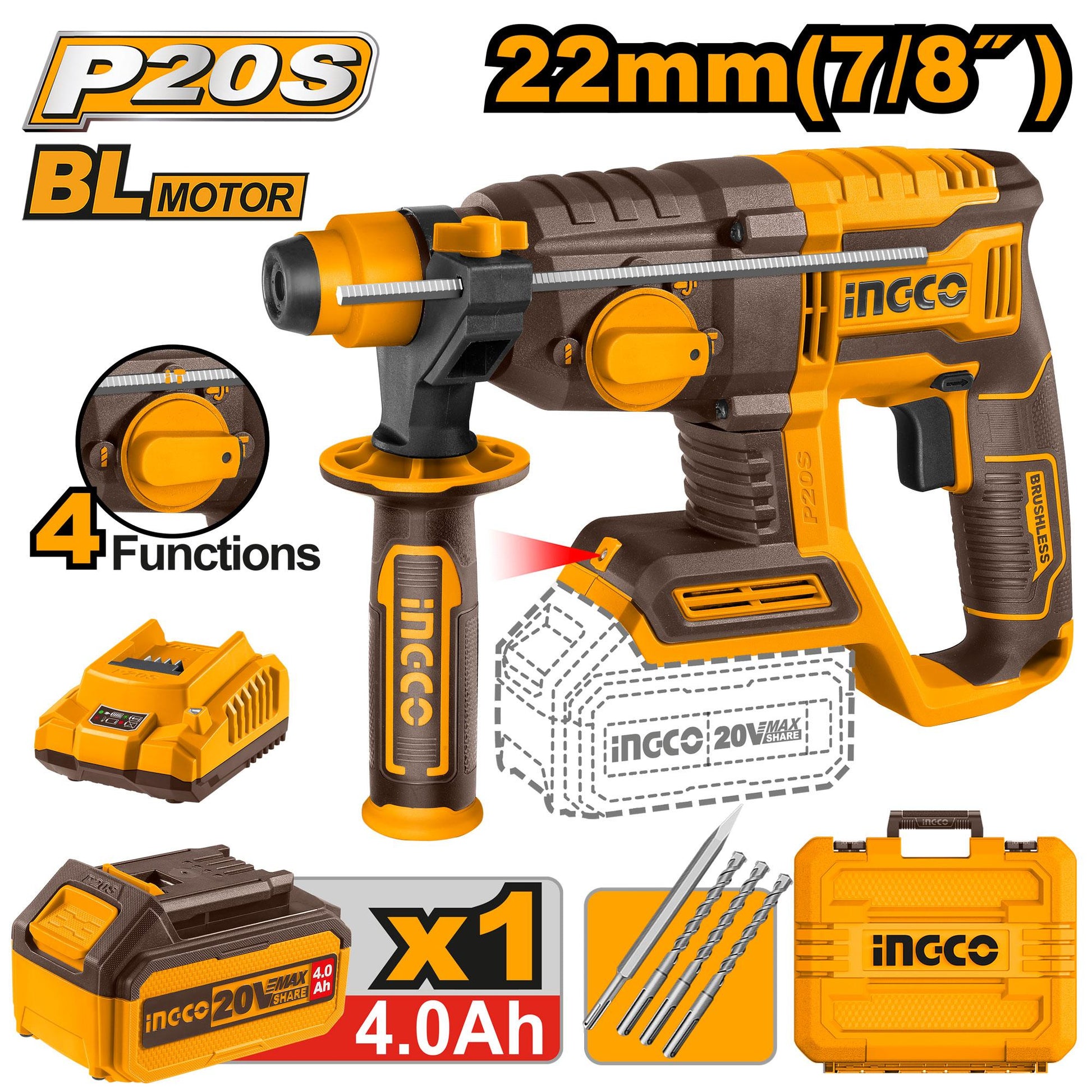 CRHLI202081 - INGCO MARTEAU PERFORATEUR 22MM 20V + 1BATTERIE 4AH AU MAROC [CRHLI202081] — perforateur INGCO — Maroc —