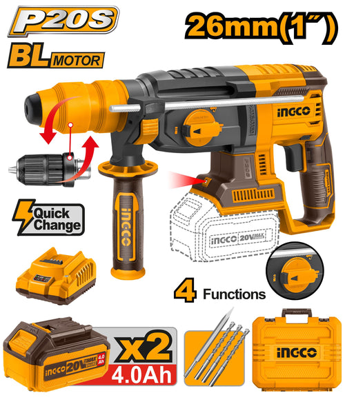 CRHLI202289 - INGCO MARTEAU PERFORATEUR 26MM 20V + 2BATTERIES 4AH DOUB AU MAROC [CRHLI202289] — perforateur INGCO — Maroc —