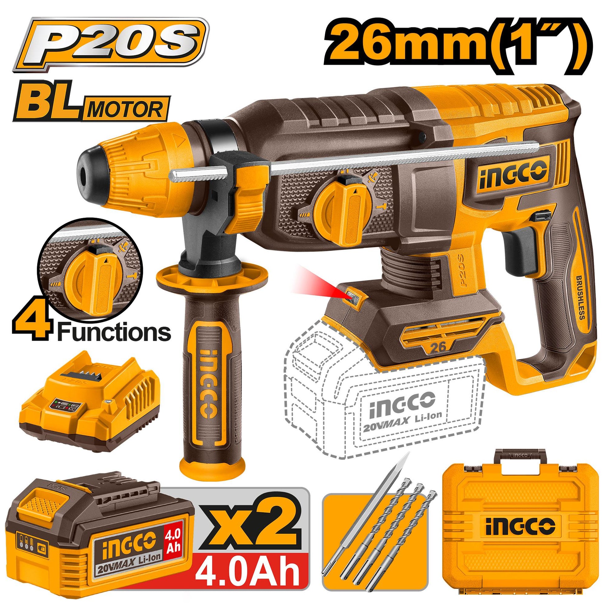 CRHLI202682 - INGCO MARTEAU PERFORATEUR 26MM 20V 2BATTERIES 4.0AH+CHARGEUR INGCO AU MAROC [CRHLI202682] — perforateur INGCO — Maroc —