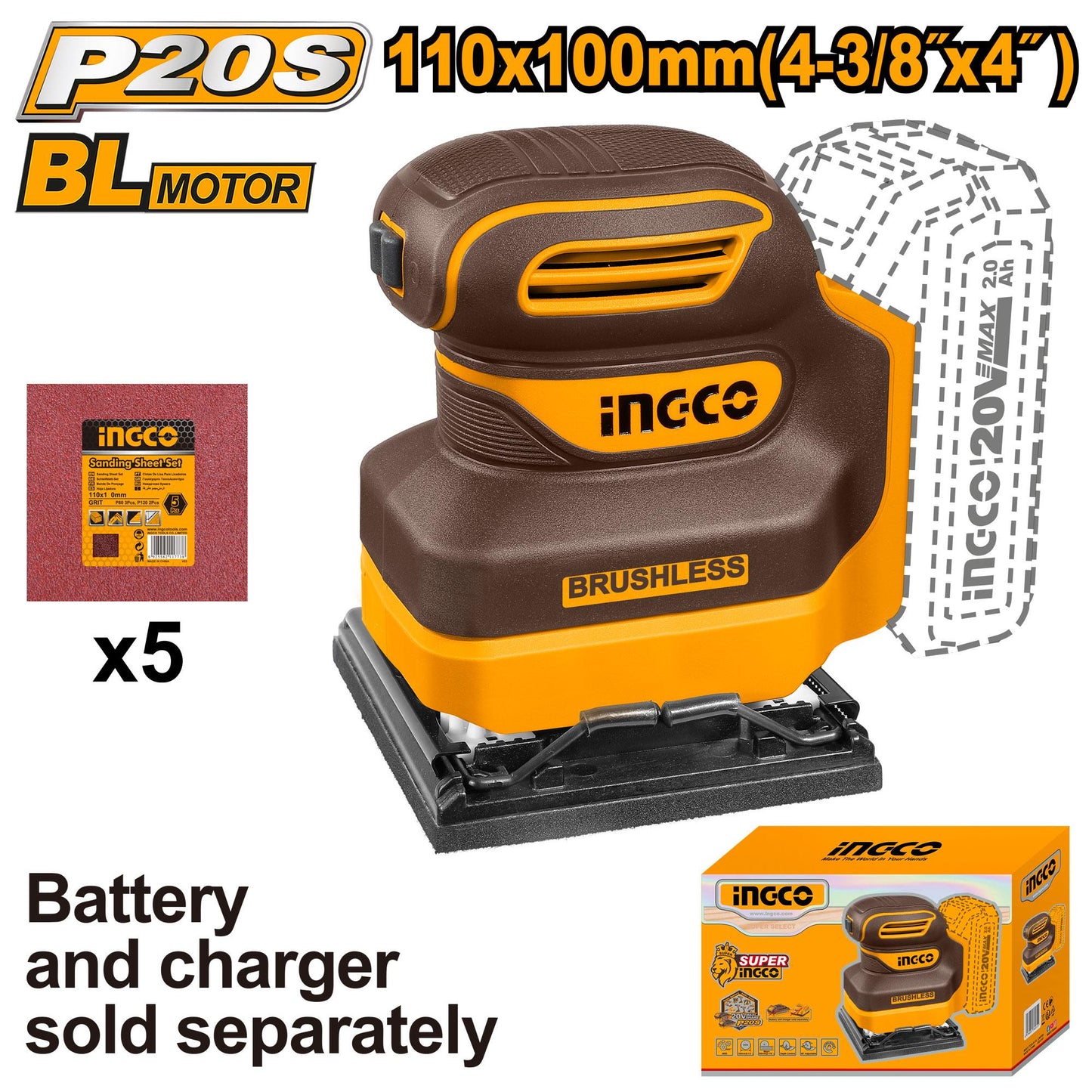 CSHSLI2024 - INGCO PONCEUSE À FEUILLES SANS FIL 110X100MM SANS BATTERIE SANS CHARGEUR AU MAROC [CSHSLI2024] — ponceuse INGCO — Maroc —