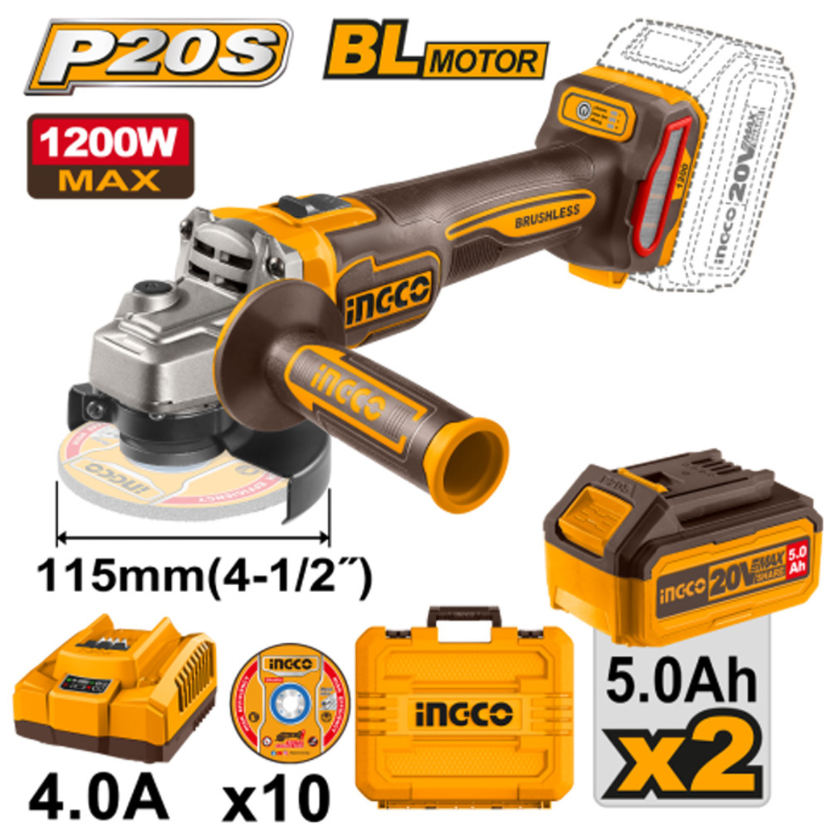 CAGLI2211532 - INGCO MEULEUSE BRUSHLESS 20V 115MM 1200W 2 BATTERIES 5AH+10 DISQUES AU MAROC [CAGLI2211532] — meuleuse INGCO — Maroc —
