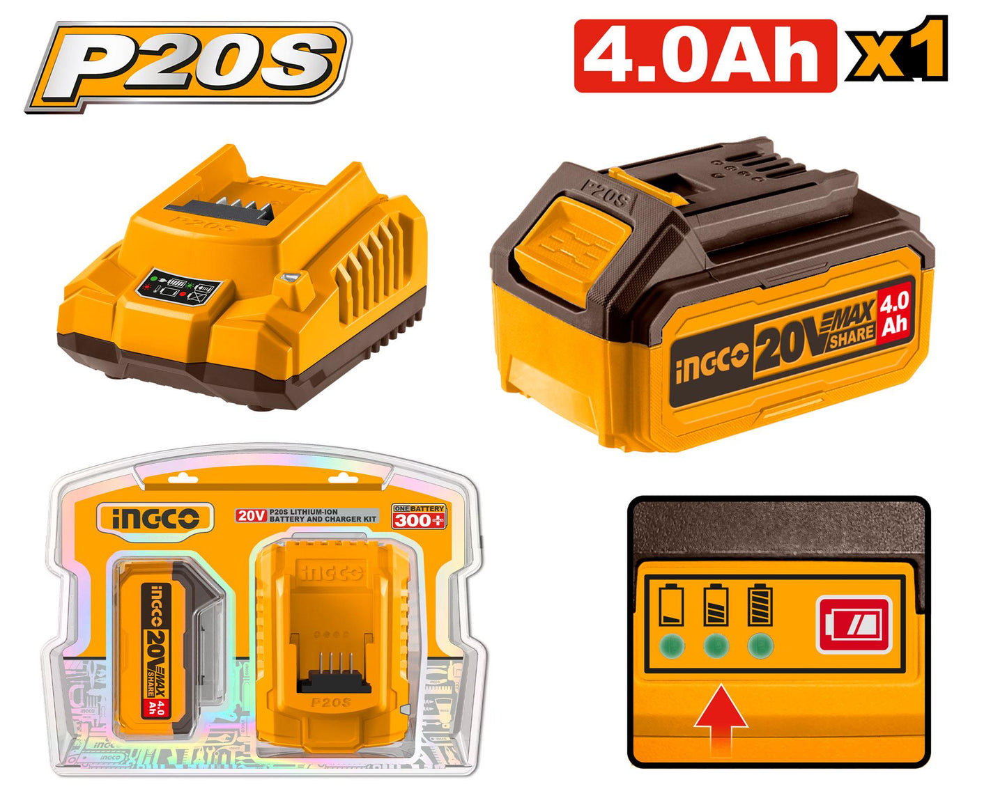 FBCPK1214 - INGCO PACK 1 BATTERIE 20V 4AH + 1 CHARGEUR RAPIDE SI AU MAROC [FBCPK1214] — batterie INGCO — Maroc —