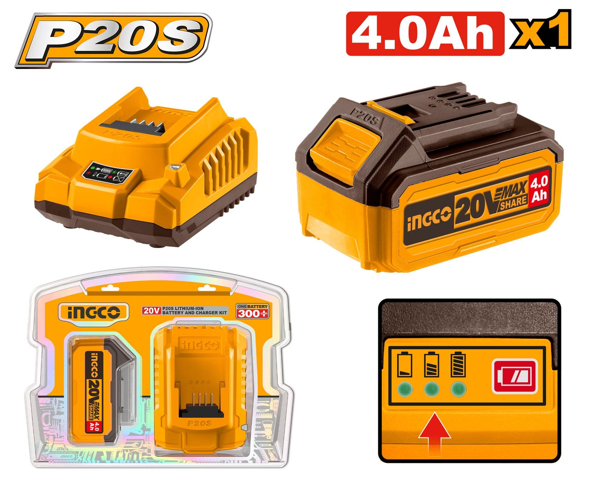 FBCPK1214 - INGCO PACK 1 BATTERIE 20V 4AH + 1 CHARGEUR RAPIDE SI AU MAROC [FBCPK1214] — batterie INGCO — Maroc —