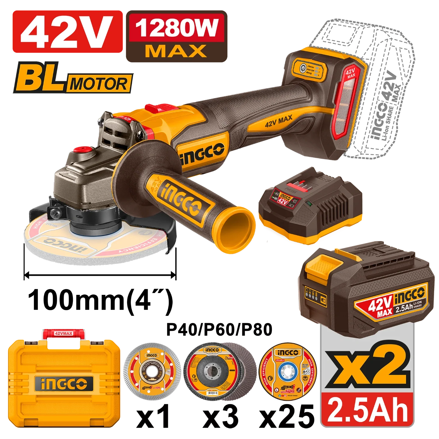 CAGLI4108112 - INGCO MEULEUSE D'ANGLE SANS FIL 42V+2BAT AU MAROC [CAGLI4108112] — meuleuse INGCO — Maroc —