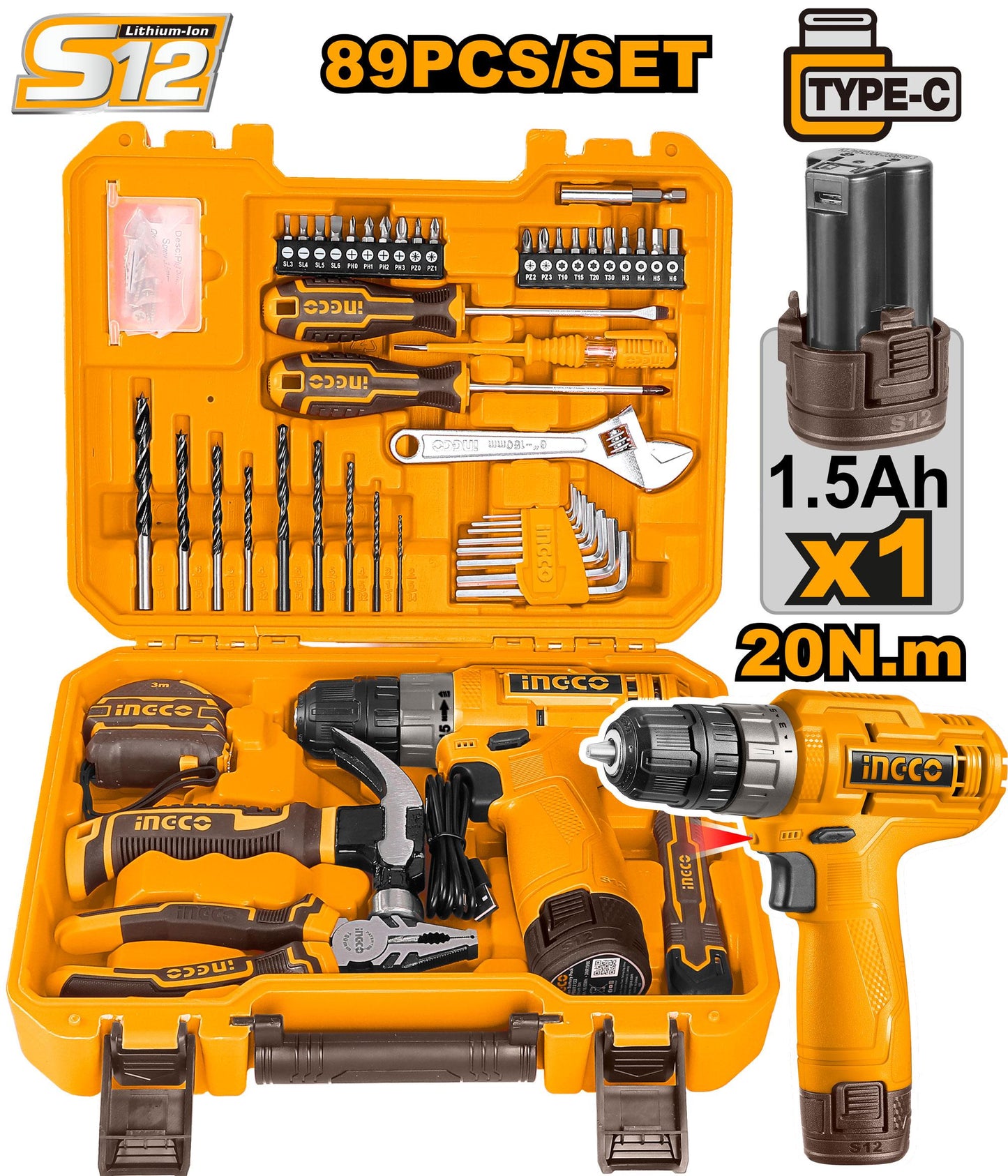 HKTHP10891 - INGCO COFFRET VISSEUSE 12V +89 PCS 1 BAT 1.5Ah AU MAROC [HKTHP10891] — perceuse visseuse INGCO — Maroc —