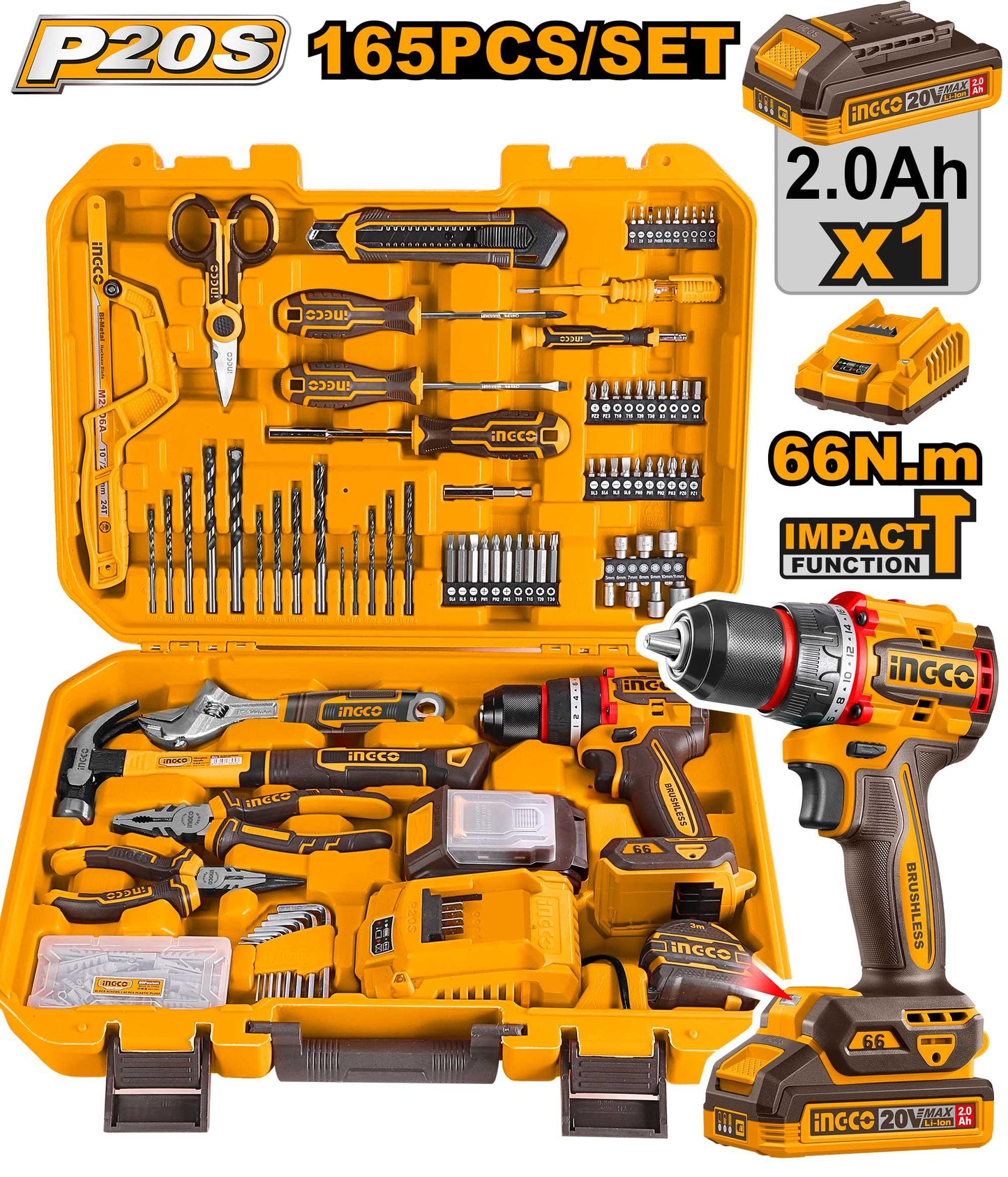 HKTHP11651 - INGCO COFFRET PERCEUSE 20V+165 PIECES AU MAROC [HKTHP11651] — perceuse visseuse INGCO — Maroc —