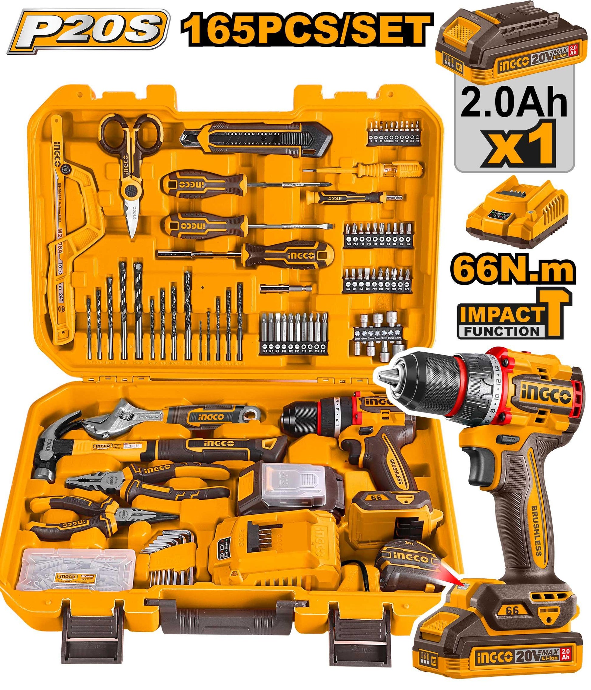 HKTHP11651 - INGCO COFFRET PERCEUSE 20V+165 PIECES AU MAROC [HKTHP11651] — perceuse visseuse INGCO — Maroc —