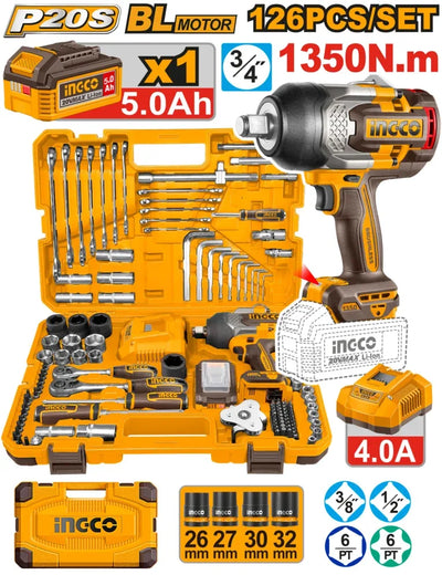 INGCO JEU D'OUTILS POUR CLÉ À CHOCS DE BATTERIE DE 126 PIÈCES AU MAROC [HKTHP31261]