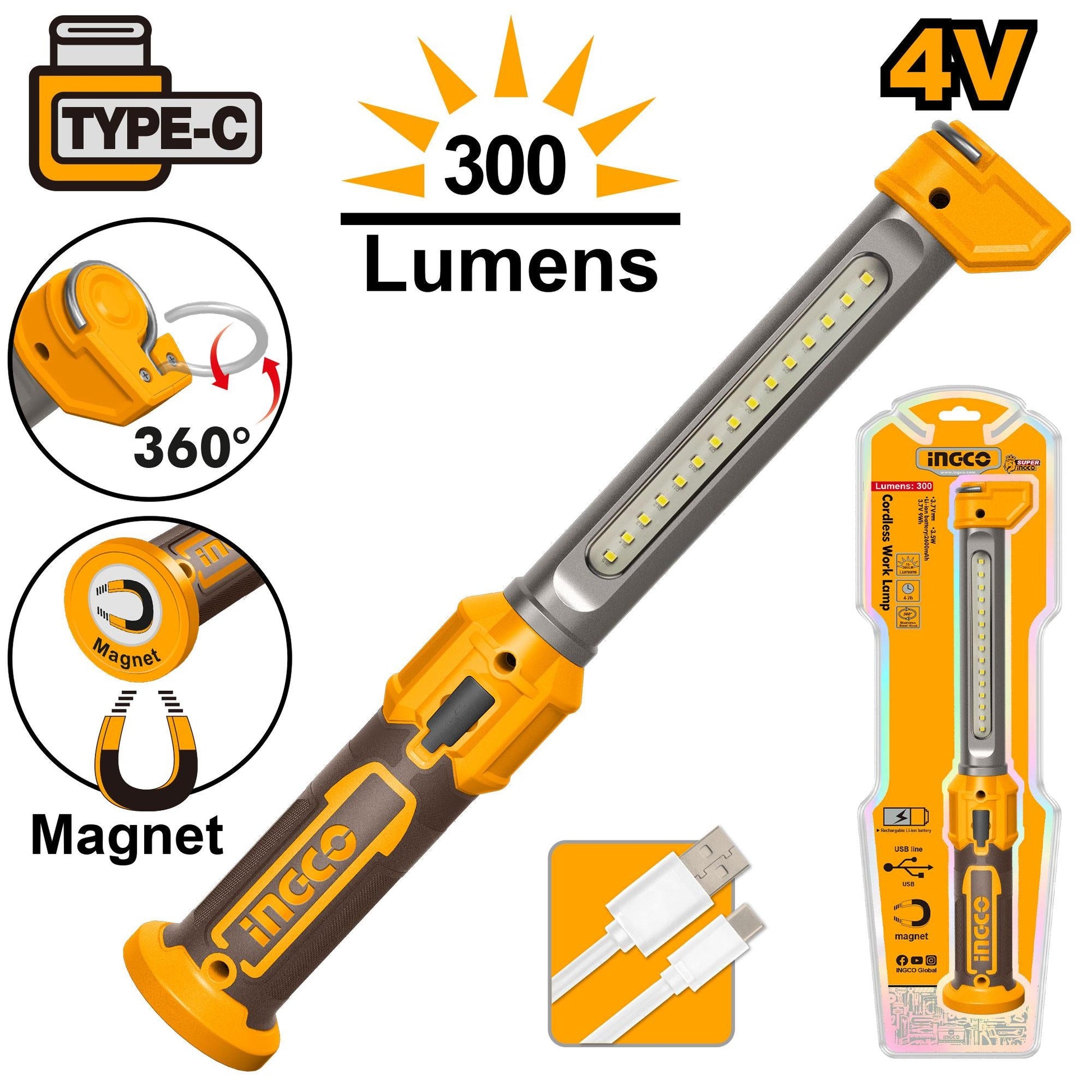 HWLI043006 - INGCO LAMPE DE TRAVAIL SANS FIL 4V TYPE-C AU MAROC [HWLI043006] — outil INGCO — Maroc —