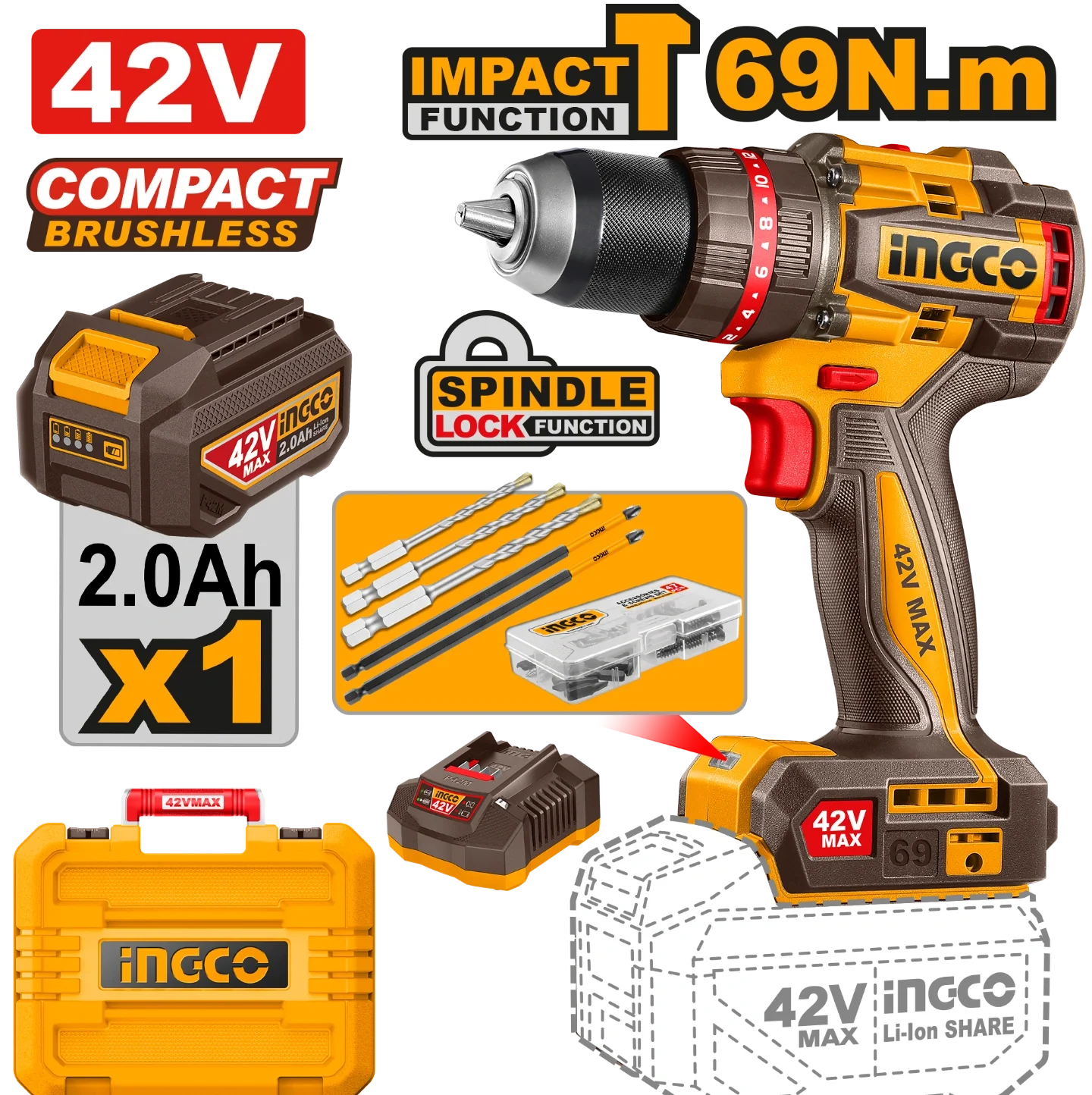 CIDLI426981 - INGCO PERCEUSE À PERCUSSION SANS FIL COMPACT BRUSHLESS 69N.M 42V AVEC 1BATT ET 1 CHARGEUR AU MAROC [CIDLI426981] — perceuse visseuse INGCO — Maroc —