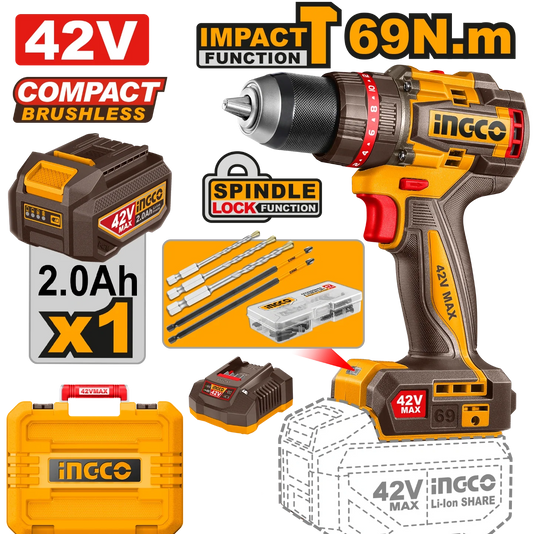 CIDLI426981 - INGCO PERCEUSE À PERCUSSION SANS FIL COMPACT BRUSHLESS 69N.M 42V AVEC 1BATT ET 1 CHARGEUR AU MAROC [CIDLI426981] — perceuse visseuse INGCO — Maroc —
