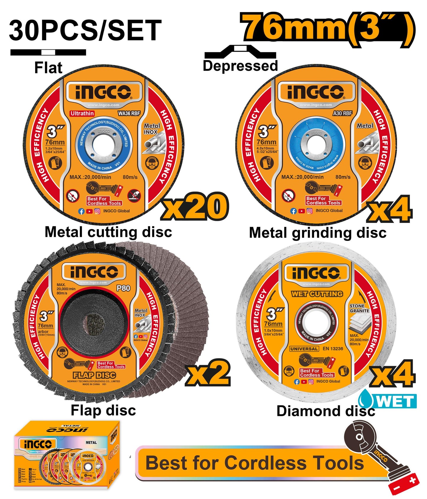 MCD07630 - INGCO JEU 30PCS DISQUES DE COUPE ET MEULAGE 76MM AU MAROC [MCD07630] — disque accessoire INGCO — Maroc —