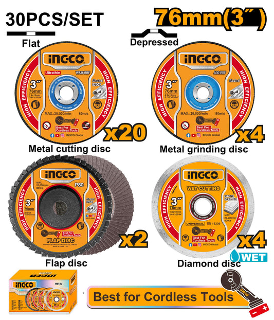 MCD07630 - INGCO JEU 30PCS DISQUES DE COUPE ET MEULAGE 76MM AU MAROC [MCD07630] — disque accessoire INGCO — Maroc —