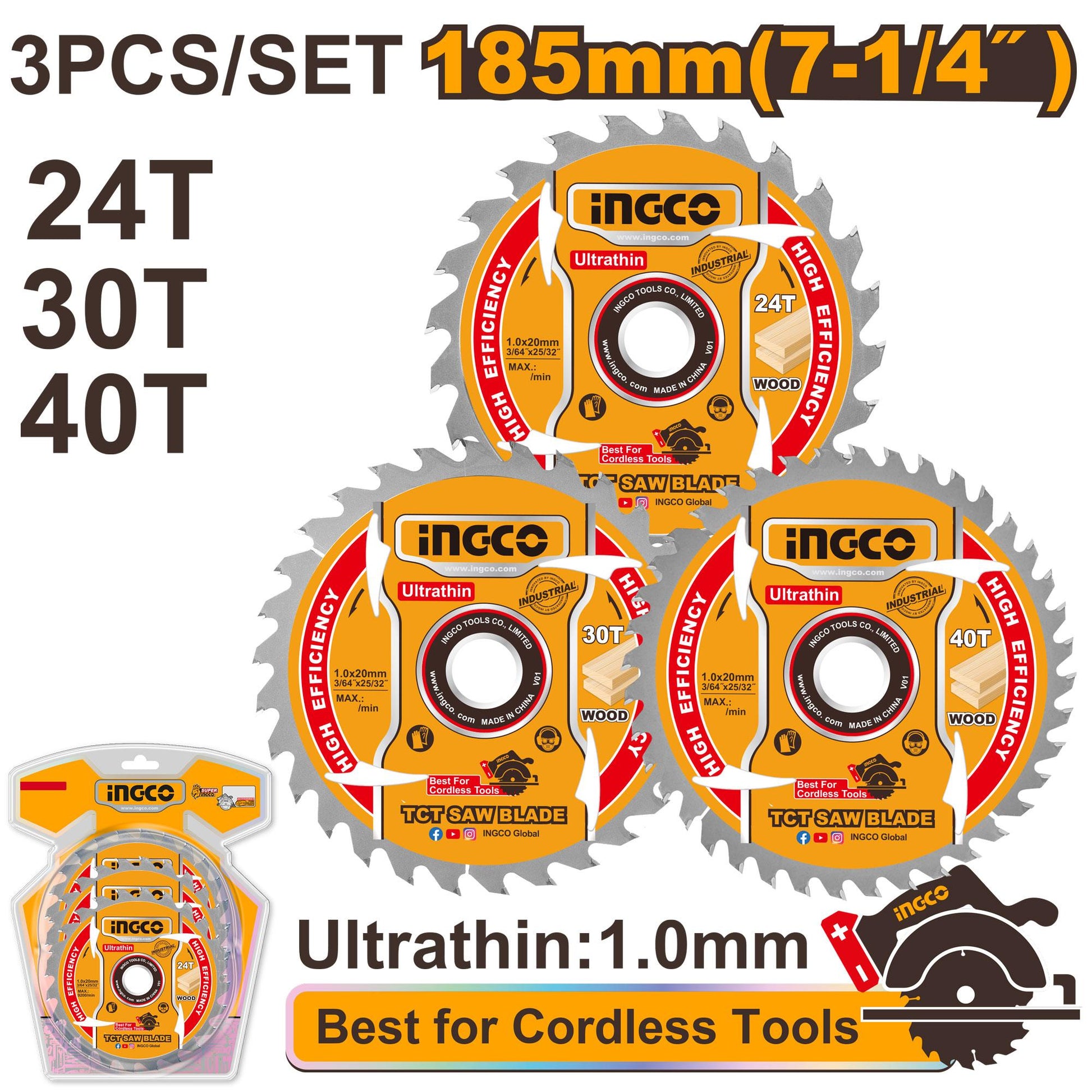 TSB18503 - INGCO JEU 3LAME SCIE CIRCULAIRE 185MM 24-30-40T AU MAROC [TSB18503] — scie INGCO — Maroc —