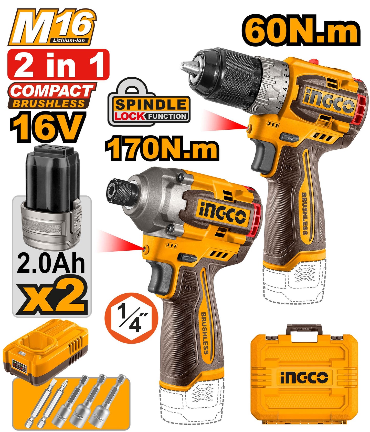 COSLI240968 - INGCO PACK 2 MACHINE 16V VISSEUSE PERCEUSE 60 NM ET VISSEUSE A CHOCS [COSLI240968] — perceuse visseuse INGCO — Maroc —