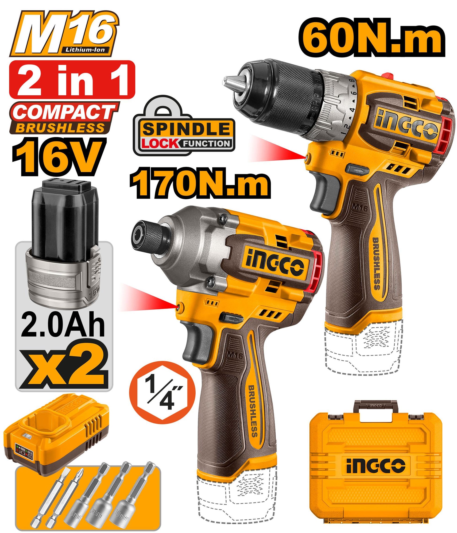 COSLI240968 - INGCO PACK 2 MACHINE 16V VISSEUSE PERCEUSE 60 NM ET VISSEUSE A CHOCS [COSLI240968] — perceuse visseuse INGCO — Maroc —