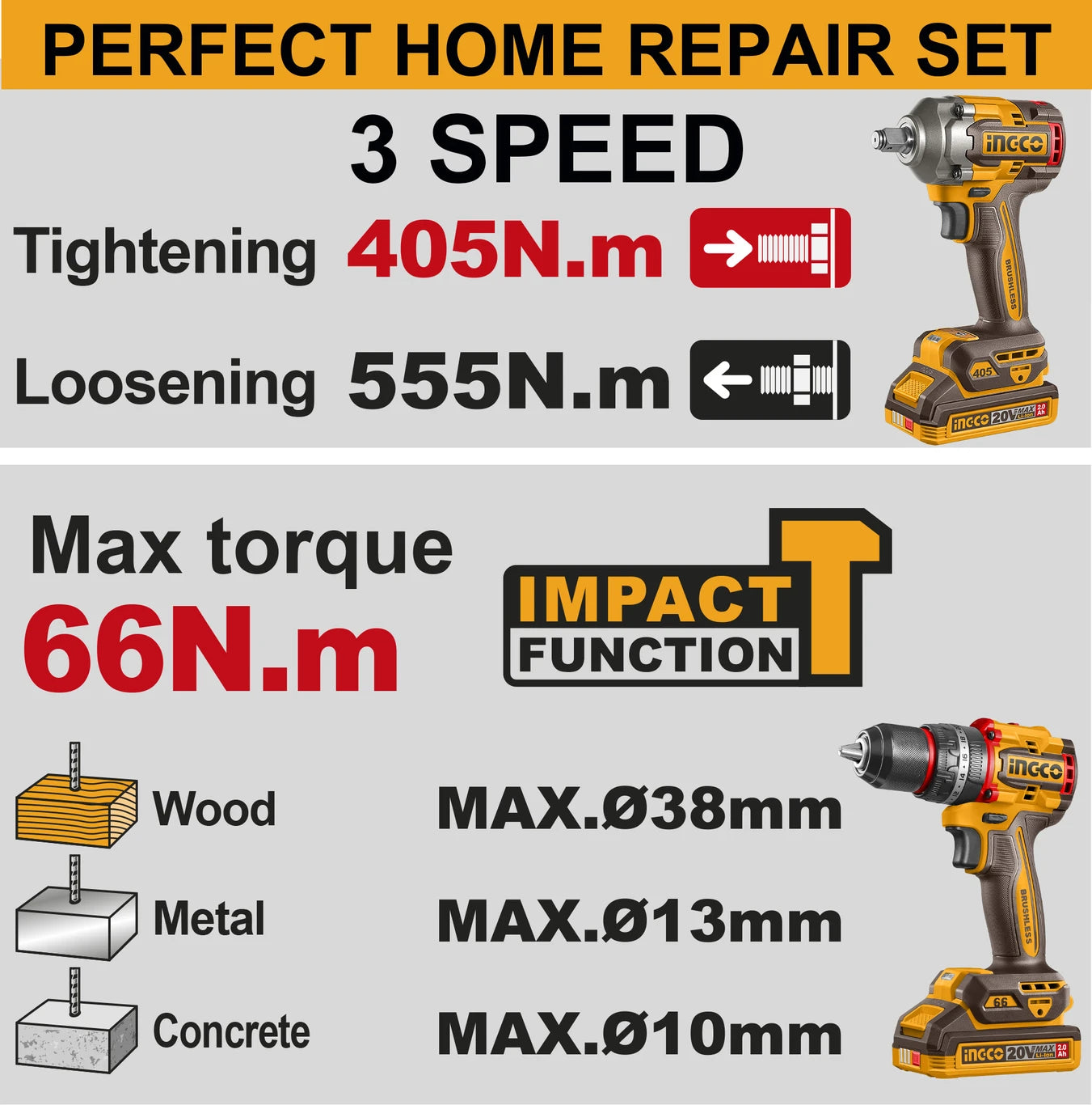 CKLI20286 - INGCO PACK 2 MACHINES VISSEUSE BRUSHLESS 66NM + BOULONNEUSE 405NM AU MAROC [CKLI20286] — perceuse visseuse INGCO — Maroc — — vue 2
