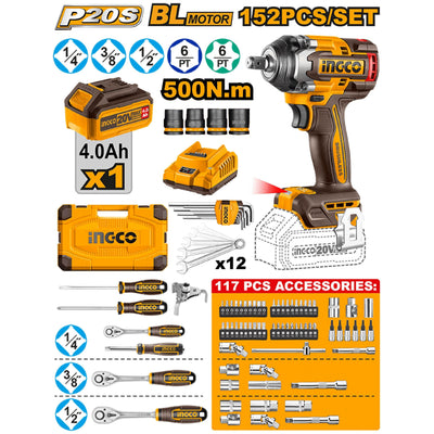 INGCO COFFRET CLÉ À CHOCS 500NM 20V+152 PIECES AU MAROC [HKTHP11651]