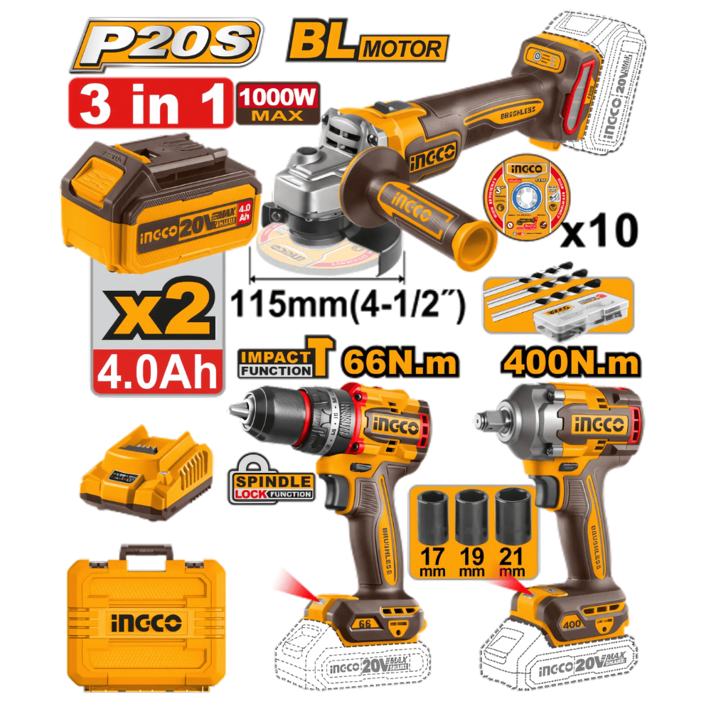 COSLI2412291 - INGCO PACK 3 MACHINE MEULEUSE VISSEUSE BOULONNEUSE 20V AU MAROC [COSLI2412291] — perceuse visseuse INGCO — Maroc —
