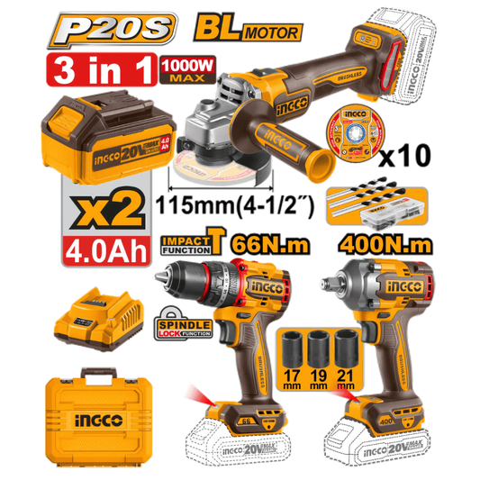 COSLI2412291 - INGCO PACK 3 MACHINE MEULEUSE VISSEUSE BOULONNEUSE 20V AU MAROC [COSLI2412291] — perceuse visseuse INGCO — Maroc —