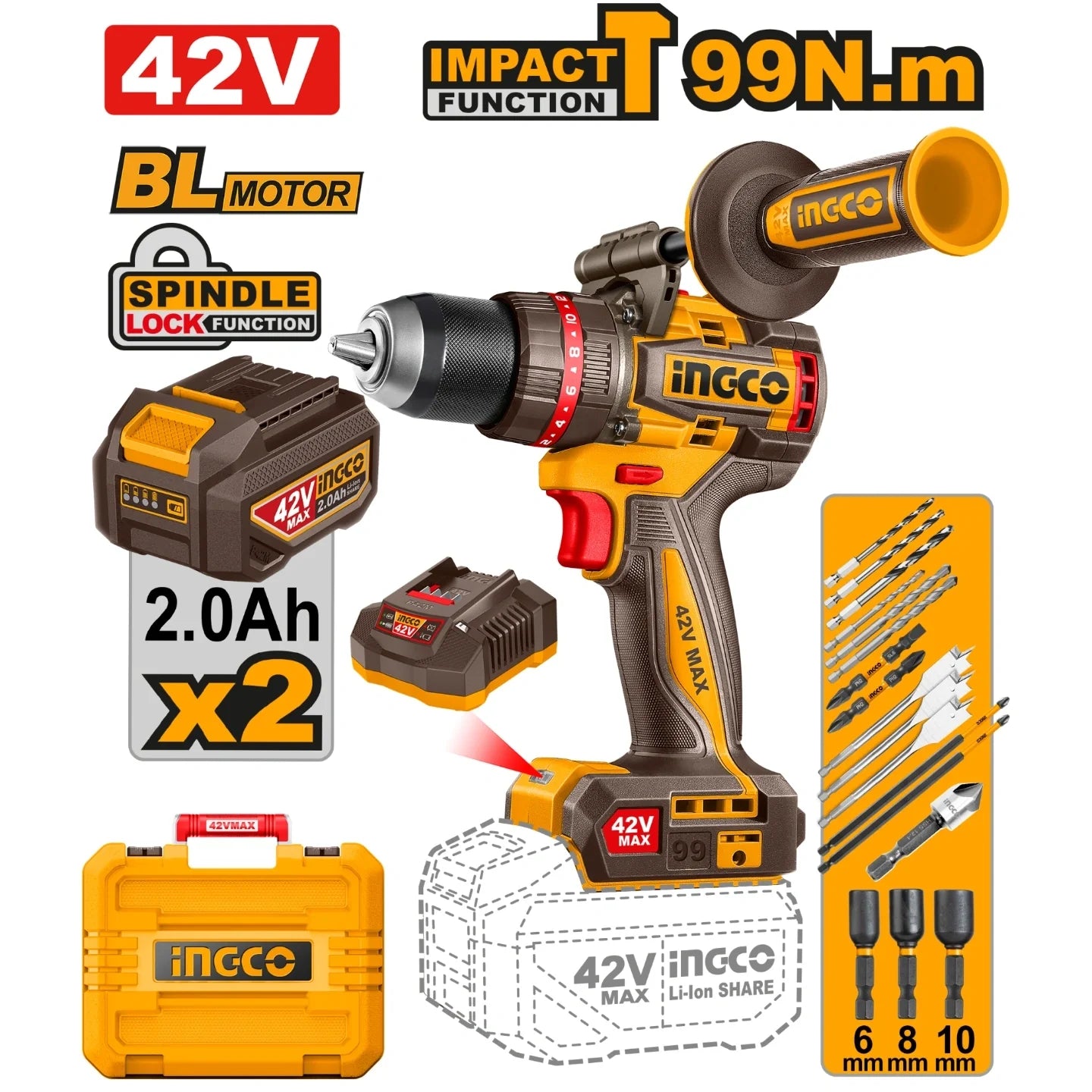CIDLI429982 - INGCO PERCEUSE-VISSEUSE 42V+2BAT 99NM BALAIS AU MAROC [CIDLI429982] — perceuse visseuse INGCO — Maroc —