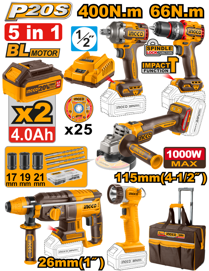 CKLI2019 - INGCO PACK VALISE DE 5 MACHINES 20V AU MAROC [CKLI2019] — outil INGCO — Maroc —
